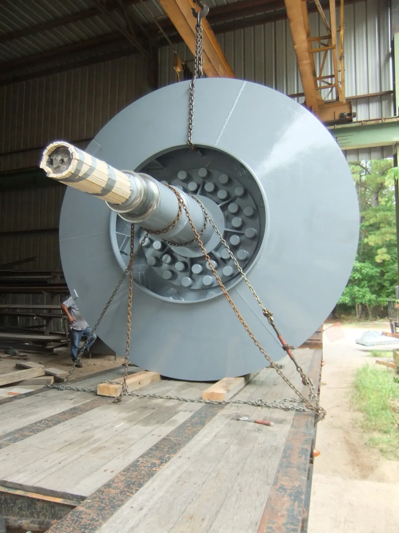 Finished fan rebuild being craned onto a flatbed for delivery