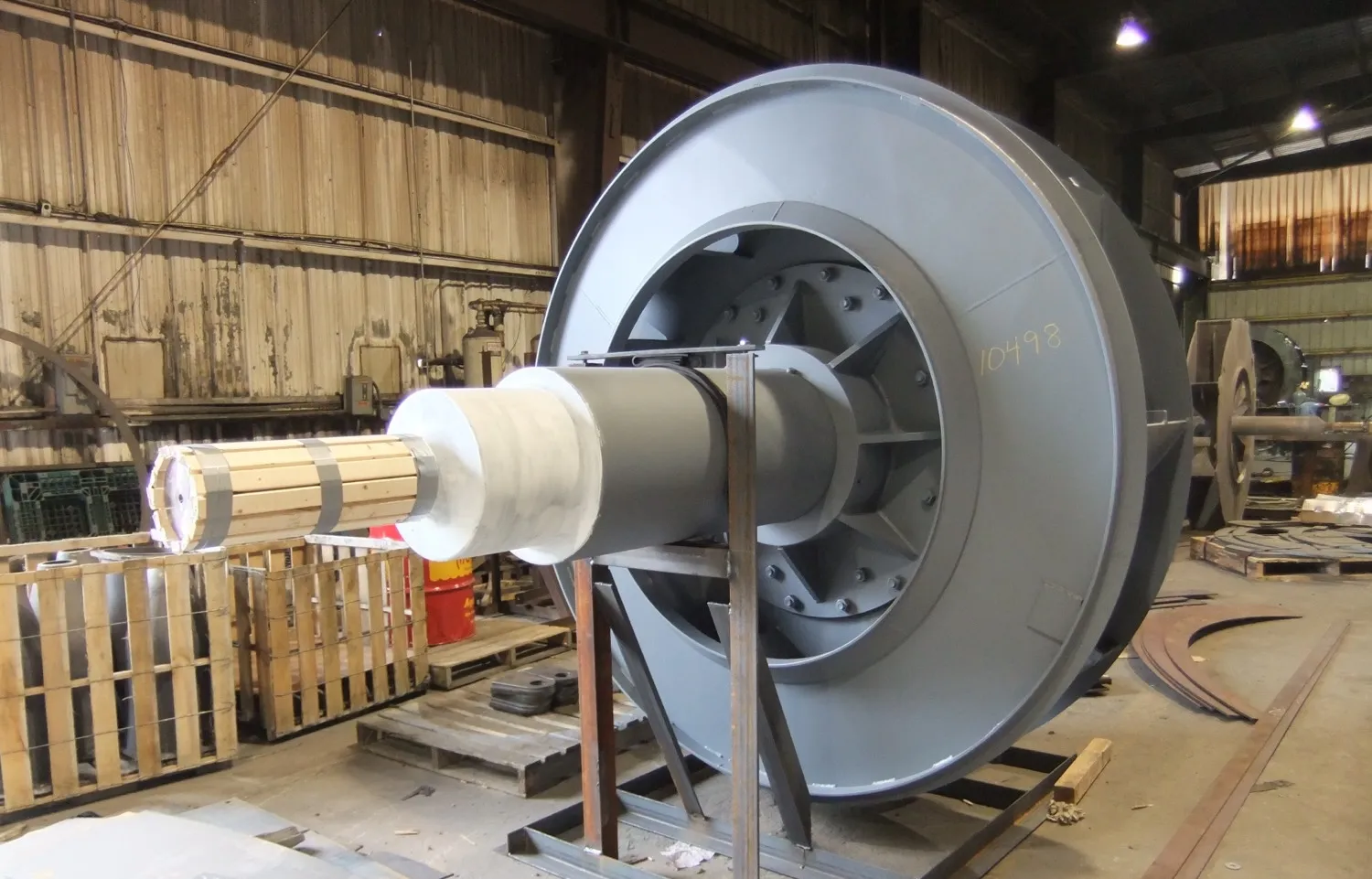 Rebuilt centrifugal fan wheel on a stand in the Barron Fan shop